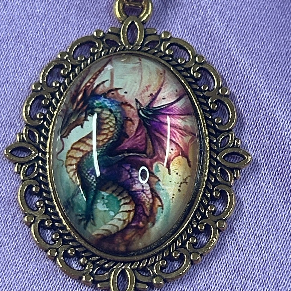 Vintage-Inspired Dragon Pendant Necklace in Purple and Teal 1.5 inche by 1 inch